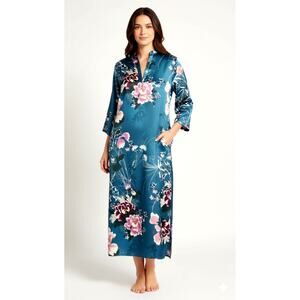 NATORI Serene Satin Blue Floral Print Caftan 3/4 Sleeve Mandarin Collar Medium